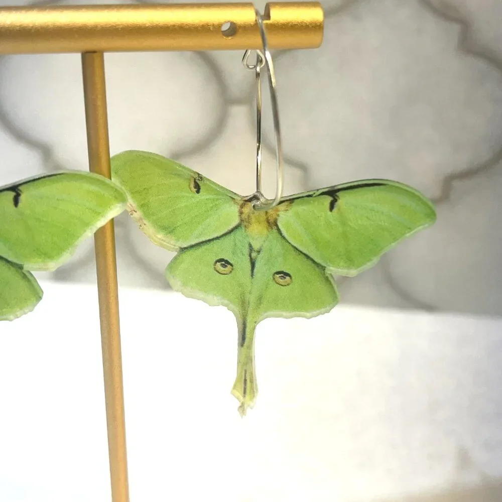 Green Luna Moth Acrylic Hoop Earrings – Statement Nature Earrings - Picture 3 of 4